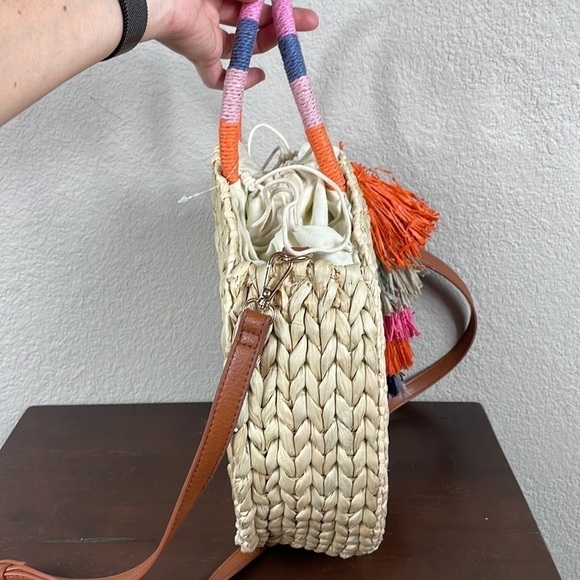 Nordstrom Joni Circular Raffia Straw Woven Bag Beach Boho Summer Tassel - Picture 7 of 15